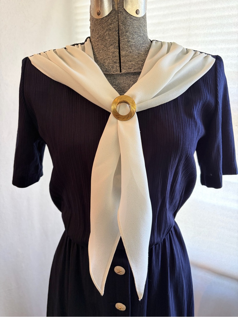 Vtg sailor vibes button-front dress with attached chiffon scarf